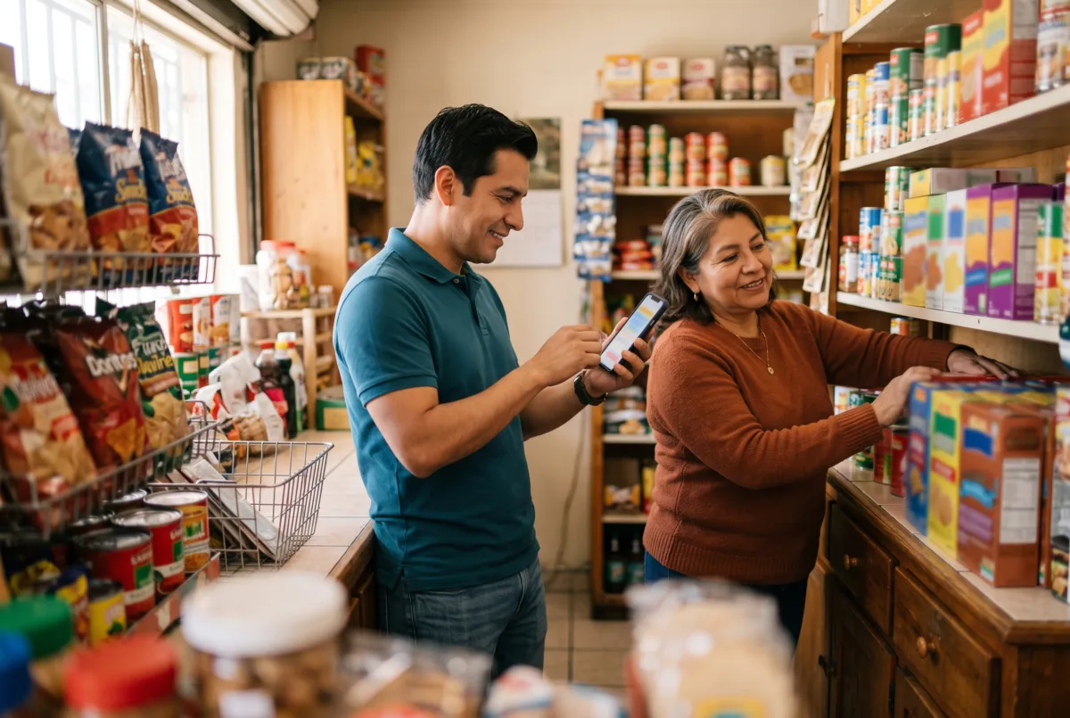 Un vendedor levanta un pedido con una app en el celular dentro de una tienda de abarrotes