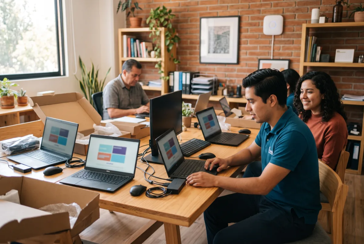 Un técnico configura laptops nuevas para un equipo de trabajo