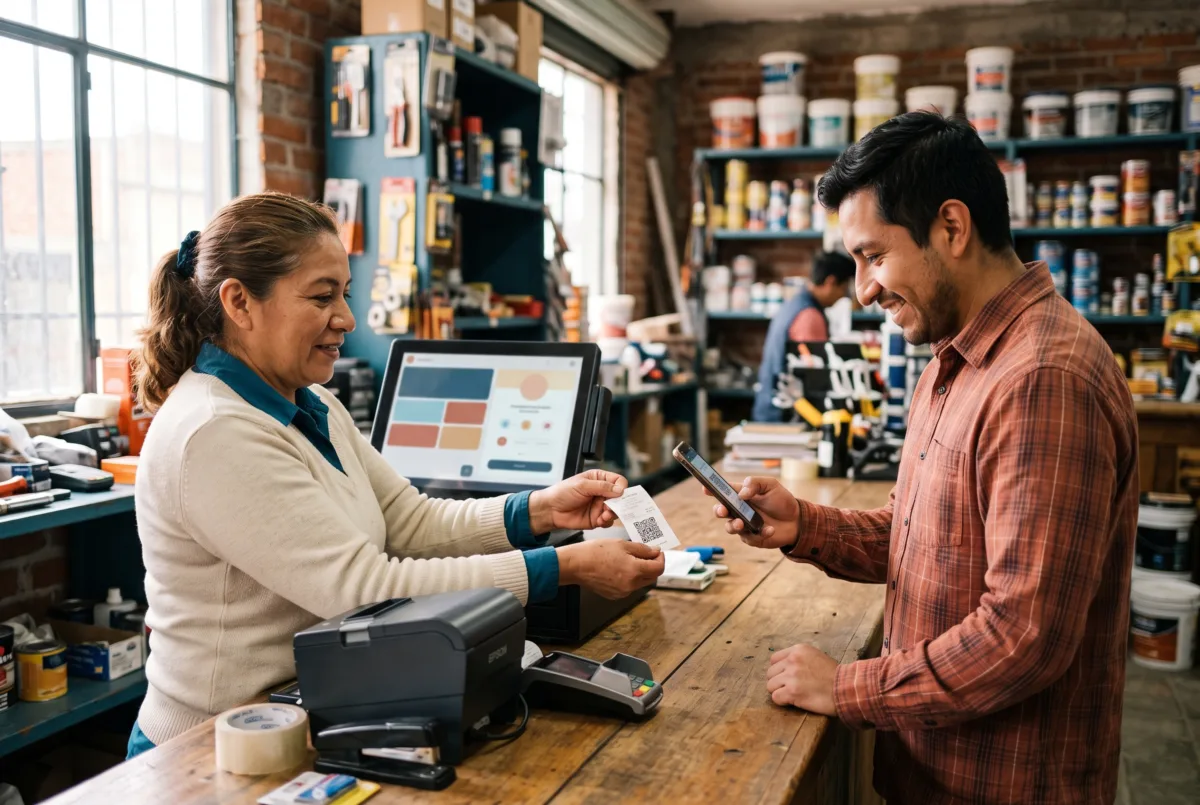 En una ferretería, un cliente escanea el ticket con su celular para descargar su factura
