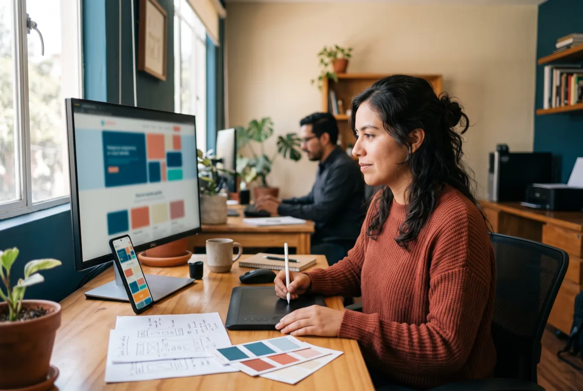 Una diseñadora ajusta un sitio web que se ve igual en el monitor y en el celular