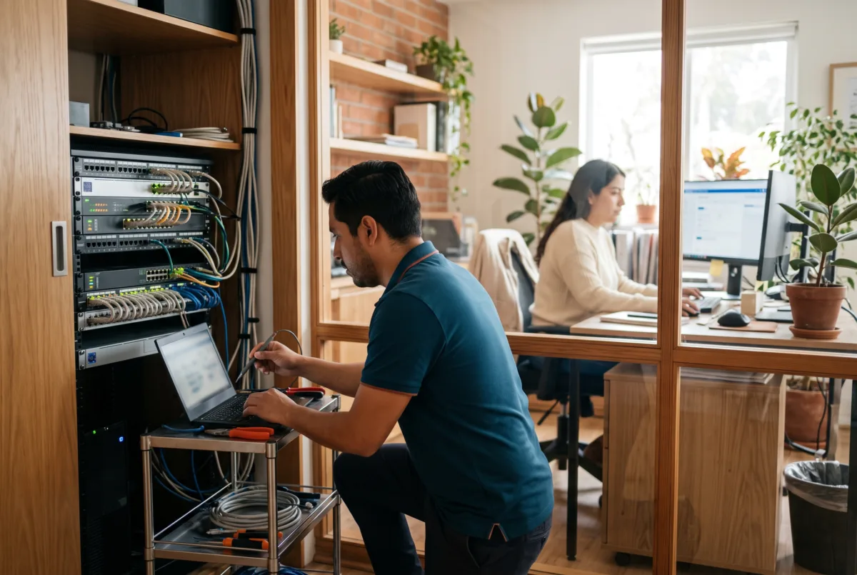 Un técnico revisa un rack de servidores durante un mantenimiento preventivo